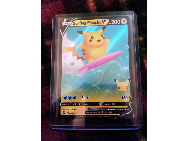 Pokemon 25th Celebrations - Surfing Pikachu V holo card (sleeved and toploaded) - 1